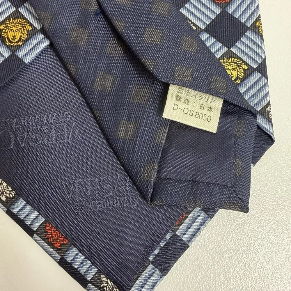 Versace Men's Tie Medusas Checkered Navy Silk Japan 3.75